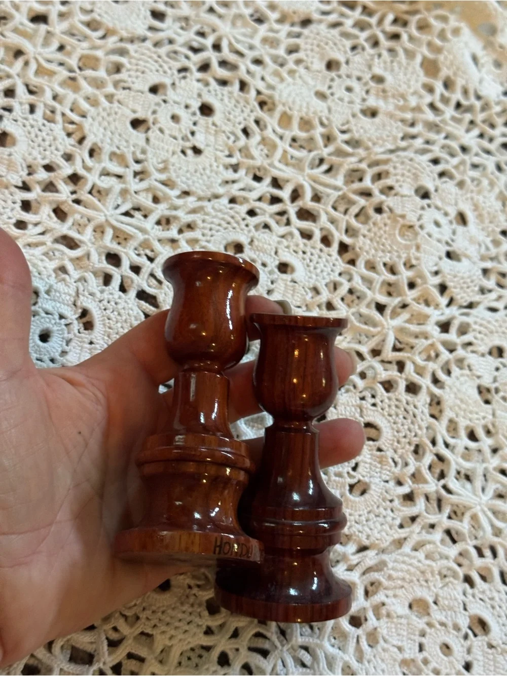 Vintage Glossy Brown Wood Candlestick Pair